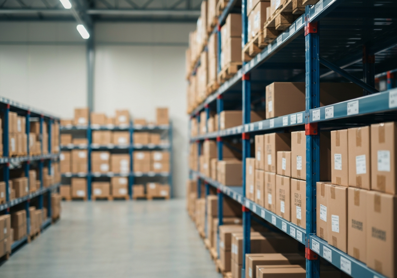 A professional logistics warehouse environment with organized parcels on shelves, clean modern aesthetic, editorial photography style, soft natural light, shallow depth of field, 85mm lens, no text, no letters