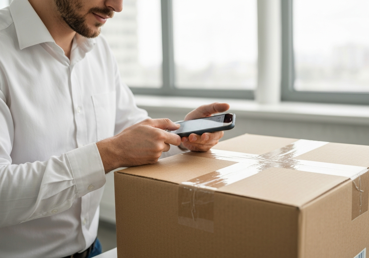 Close-up of a person carefully documenting a damaged parcel box with a smartphone, modern minimalist office background, professional clean aesthetic, soft natural daylight, 85mm lens, highly detailed textures, no text, no letters