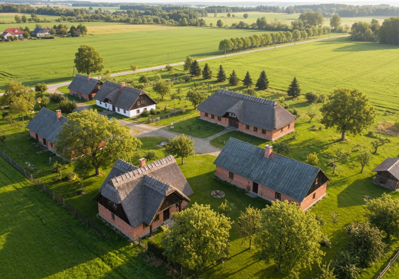 Aerial view of the peaceful landscape of Břasy, Czech Republic, showcasing local architecture and surrounding green fields, clean atmosphere, editorial photography, soft natural light, 85mm lens, highly detailed, no text, no letters