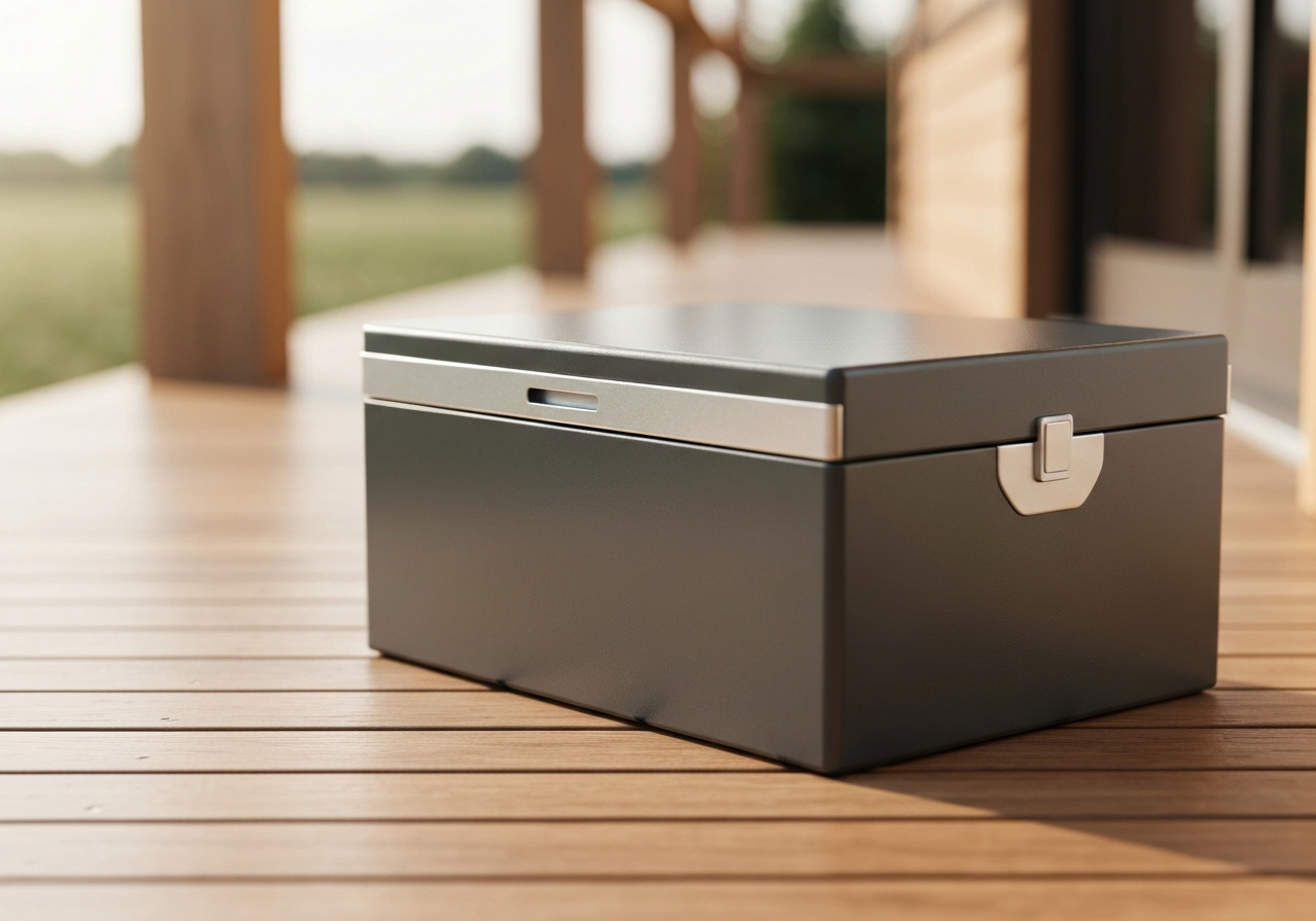A professional medical courier delivery box placed on a clean wooden porch, soft morning sunlight, shallow depth of field, 85mm lens, highly detailed, professional editorial style, no text, no letters.