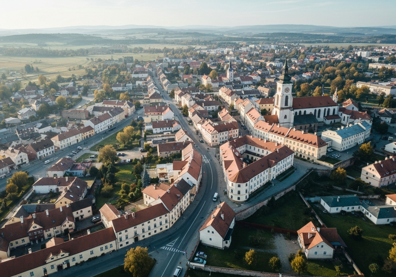 Aerial view of the town of Letohrad, Czech Republic, showcasing the urban layout and historical architecture, editorial photography, modern, premium, soft natural morning light, 85mm lens, highly detailed, no text, no letters