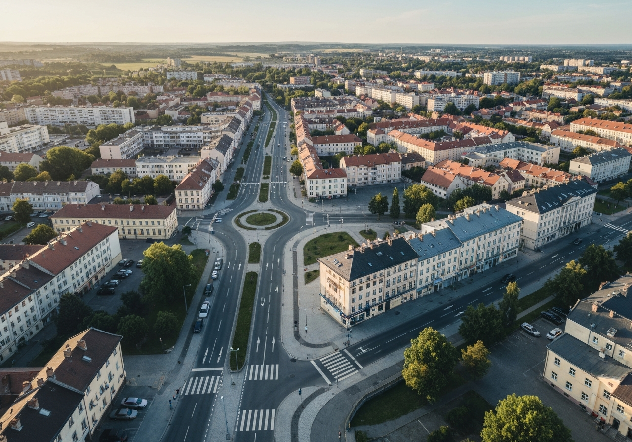 Aerial view of Letohrad city streets and urban infrastructure, mapping grid overlay, clean modern aesthetic, editorial photography, soft natural morning light, 85mm lens, highly detailed, no text, no letters