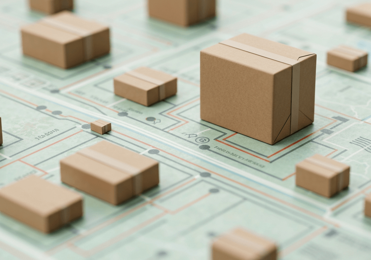 A professional, close-up shot of a modern, organized parcel delivery system in Slovakia, a conceptual map background with abstract postal routes, clean editorial photography, soft natural lighting, 85mm lens, high resolution, minimalist aesthetic, no text, no words, no letters