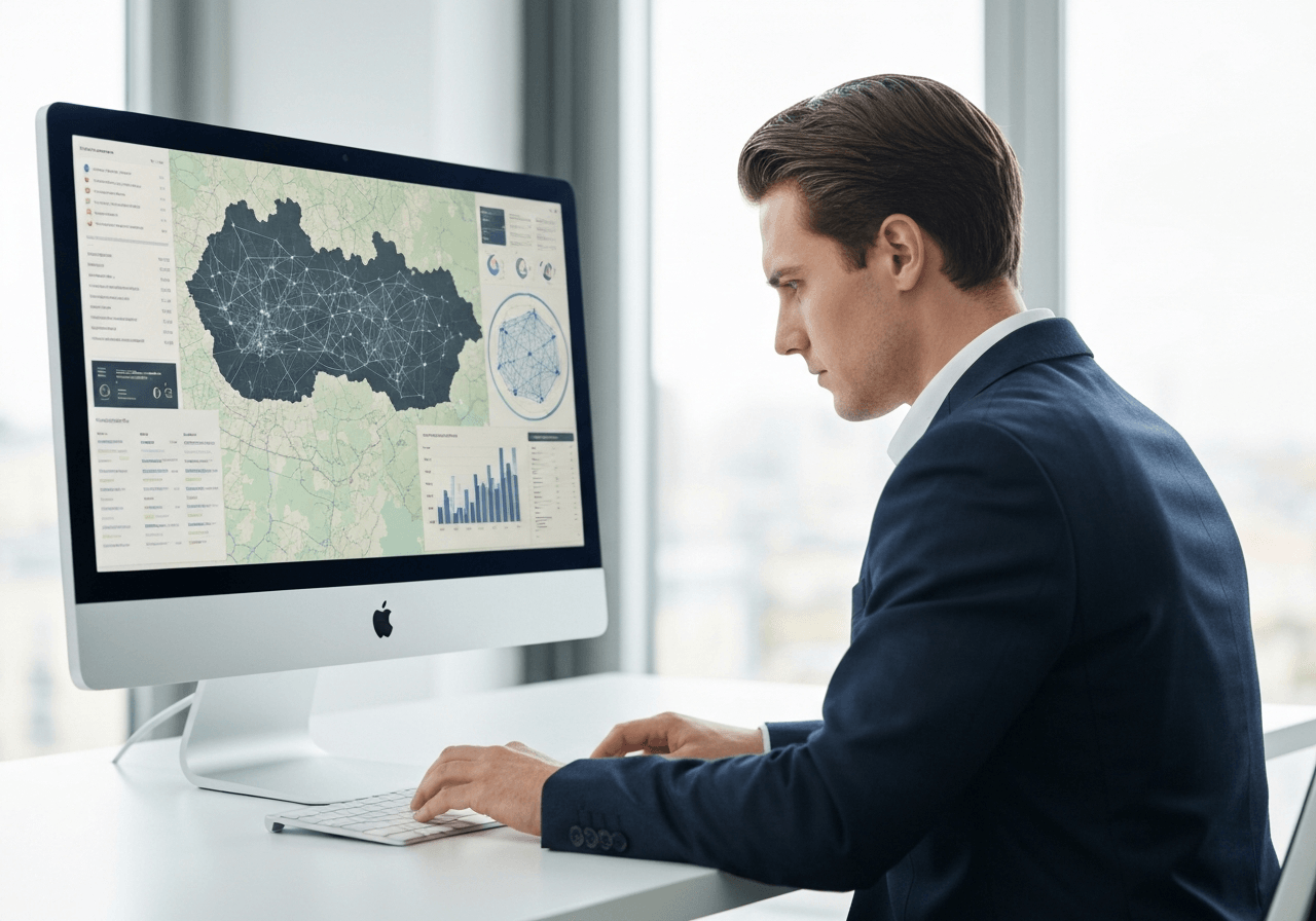 A professional data analyst working on a modern computer screen displaying complex geospatial maps and network diagrams of Slovakia, clean office environment, high-tech aesthetic, editorial photography, soft natural light, 85mm lens, highly detailed, no text, no letters