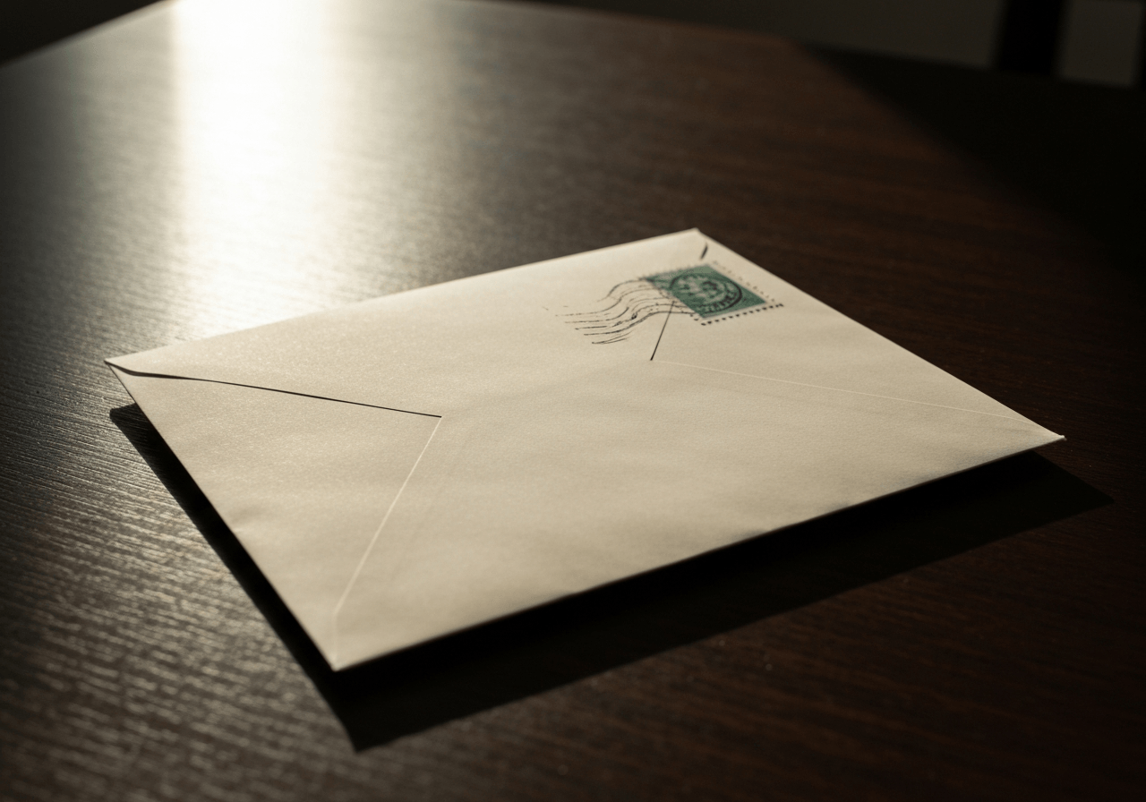 A clean, minimalist conceptual shot of a letter envelope with a stamp resting on a wooden table, soft morning sunlight, editorial photography style, 85mm lens, high resolution, no text, no letters.