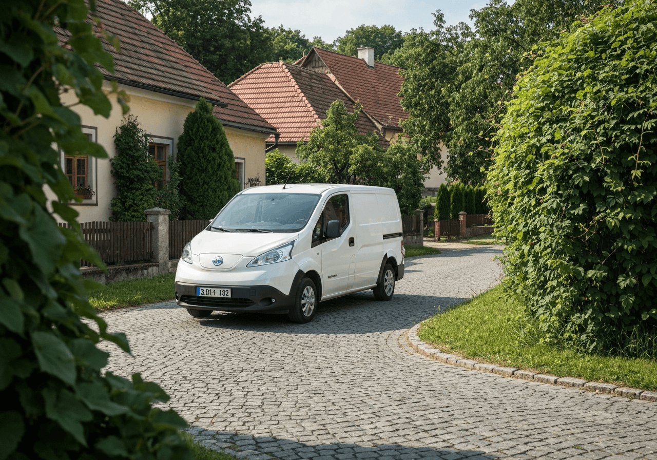 A professional logistics delivery van driving through a scenic, sunlit village road in the Czech Republic, lush green surroundings, modern photography, premium editorial style, soft natural light, 85mm lens, highly detailed, no text, no words, no letters.