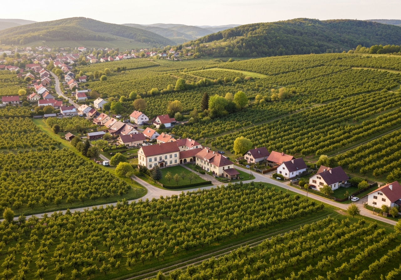 Aerial view of the picturesque village Lhenice in South Bohemia, surrounded by orchards and rolling hills, clean editorial landscape photography, soft natural golden hour lighting, 85mm lens, highly detailed, no text, no letters