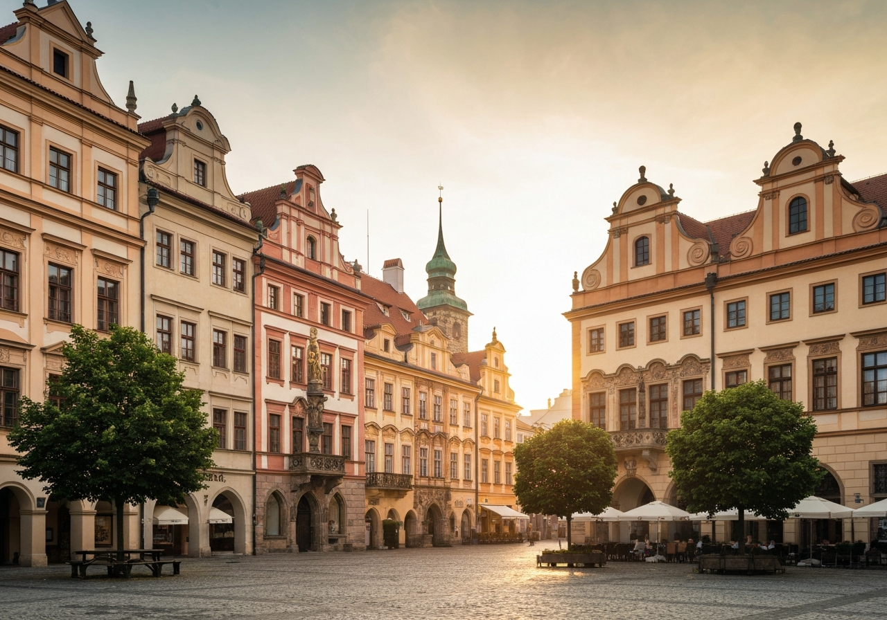 A peaceful view of a traditional Czech town square with historic architecture and vibrant greenery, cinematic editorial photography, soft morning natural light, 85mm lens, sharp focus, high detail, no text, no words, no letters.