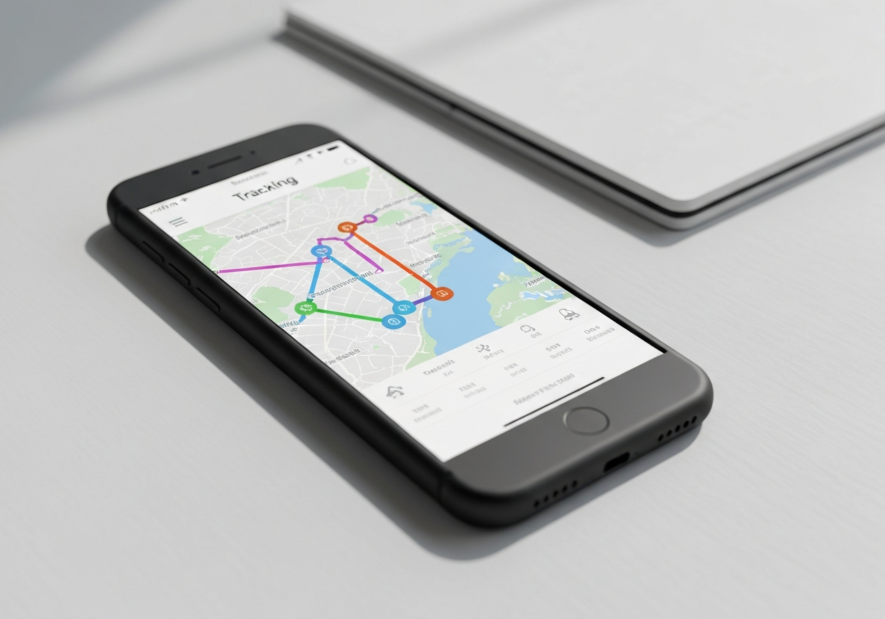 A professional logistics environment featuring a high-end smartphone displaying a tracking interface with a map route, clean minimalist desk background, soft natural light, 85mm lens, depth of field, no text, no words, no letters