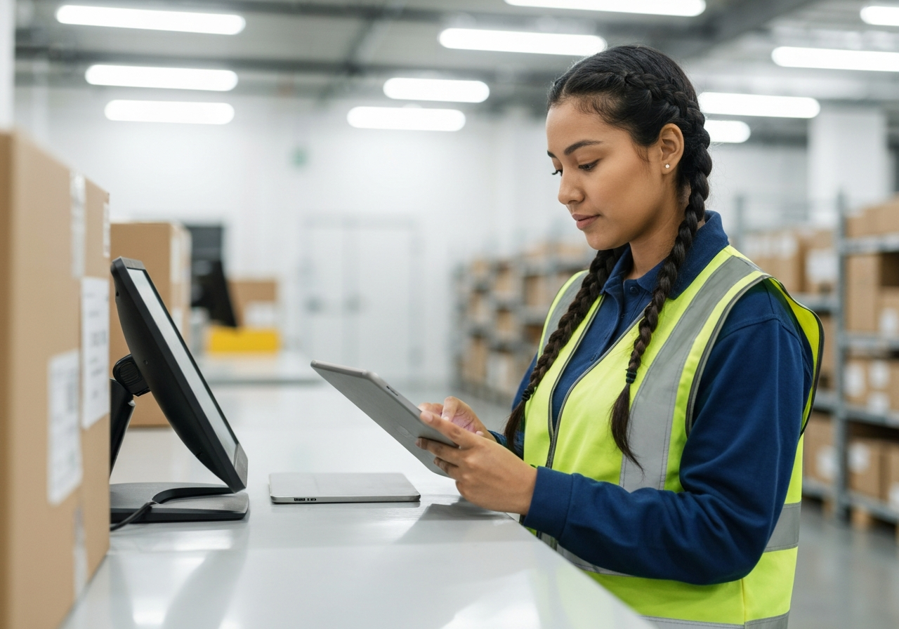A professional logistics worker using a tablet to manage parcel tracking data in a modern, clean distribution center, editorial photography, soft natural light, 85mm lens, high quality, no text, no words, no letters