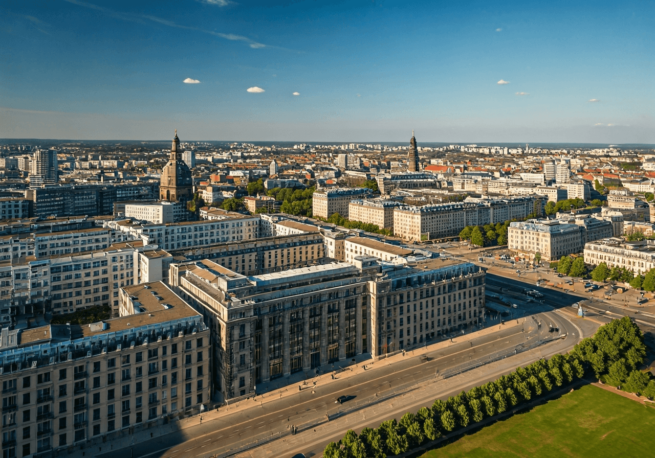Aerial view of historical Dresden architecture blending with modern urban city districts, clean sunlight, editorial photography style, professional composition, 85mm lens, no text, no letters