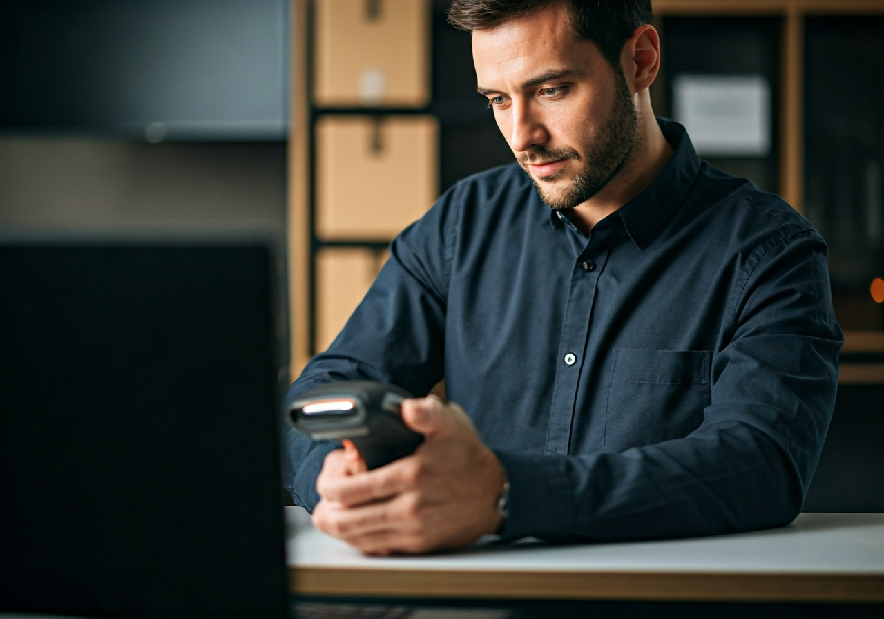 A professional logistics worker scanning a parcel in a modern, clean post office environment, editorial photography, soft natural light, 85mm lens, highly detailed, no text, no letters