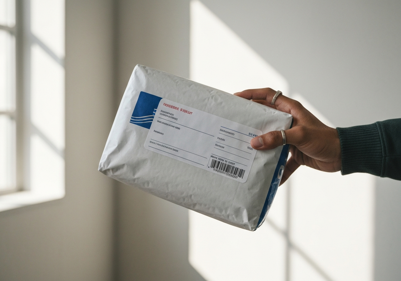 Pošta Bystřice: Jak se vyhnout frontám? (Osvědčený tip) 2 Editorial photography, close-up of a modern postal package with a clear shipping label held in hand, clean minimalist office background, soft natural light, 85mm lens, highly detailed, no text, no words, no letters.