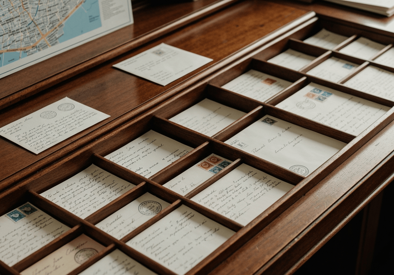 A close-up, high-angle shot of a vintage postal sorting desk with organized handwritten letters and envelopes, London street map in the blurred background, soft natural light, 85mm lens, premium editorial aesthetic, no text, no words, no letters