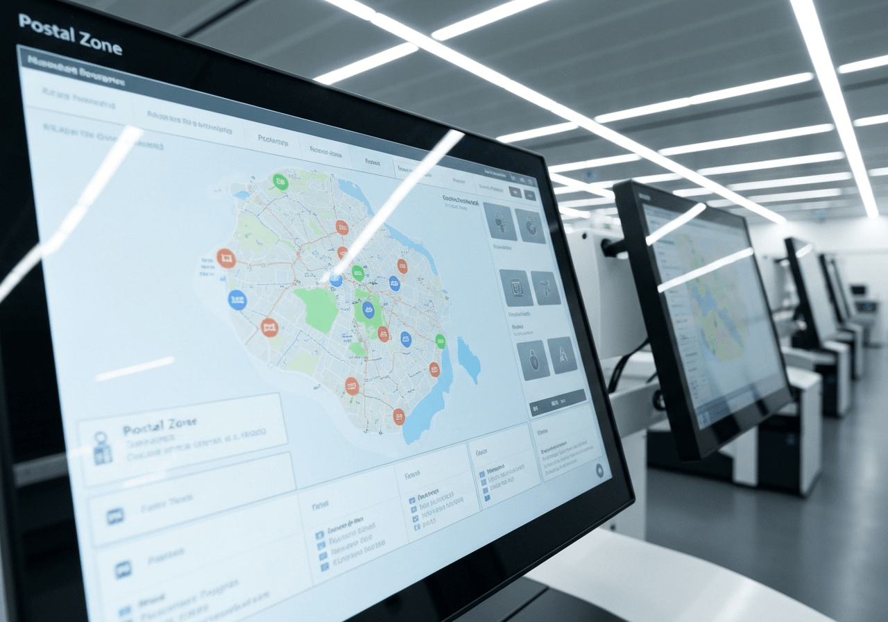 A high-end editorial shot of a professional mail distribution center in London, focused on a sleek digital interface showing a map of postal zones, clean background, soft natural light, 85mm lens, highly detailed, no text, no words, no letters.