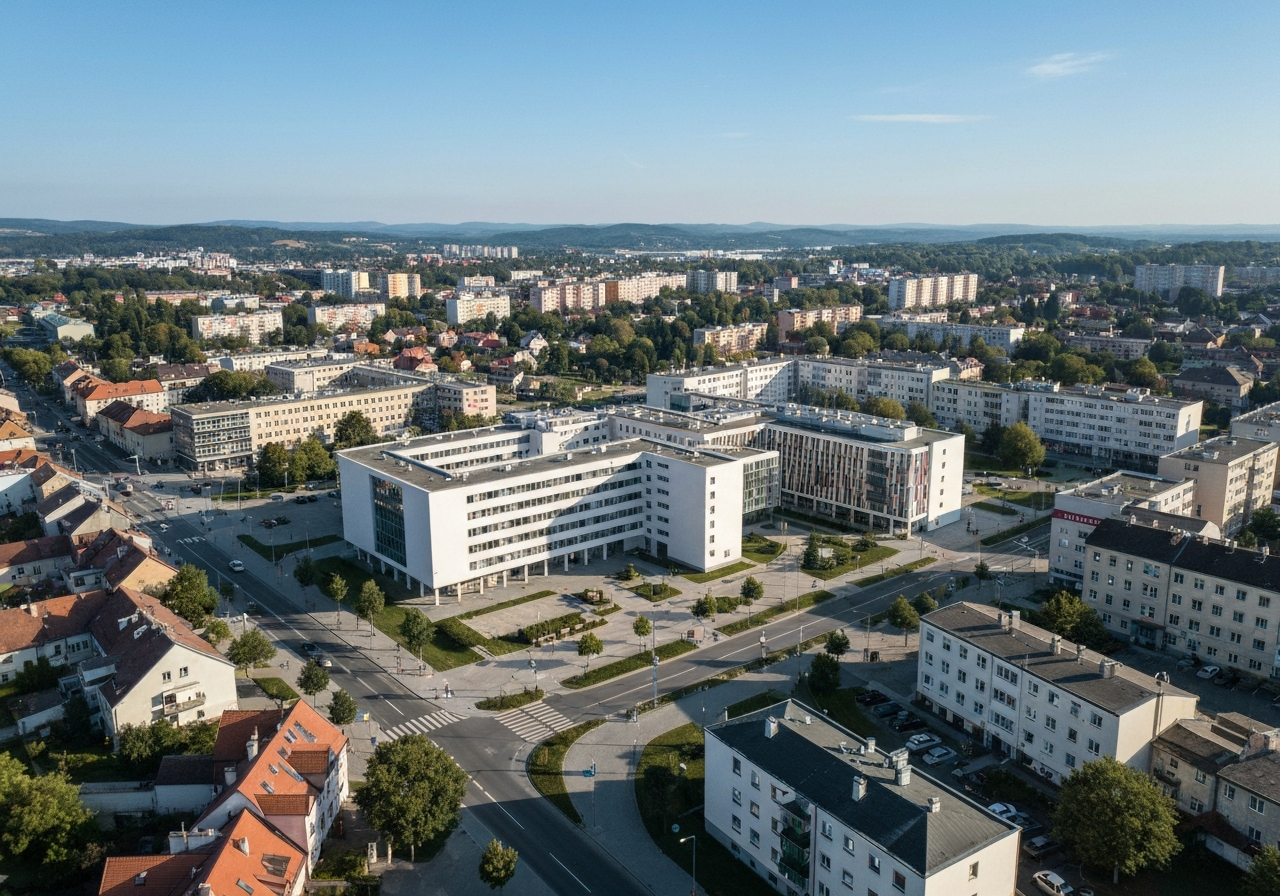 Aerial view of Zdar nad Sazavou city landscape, modern urban organization, clean architectural lines, bright morning natural light, high-end editorial photography style, 85mm lens, no text, no words, no letters
