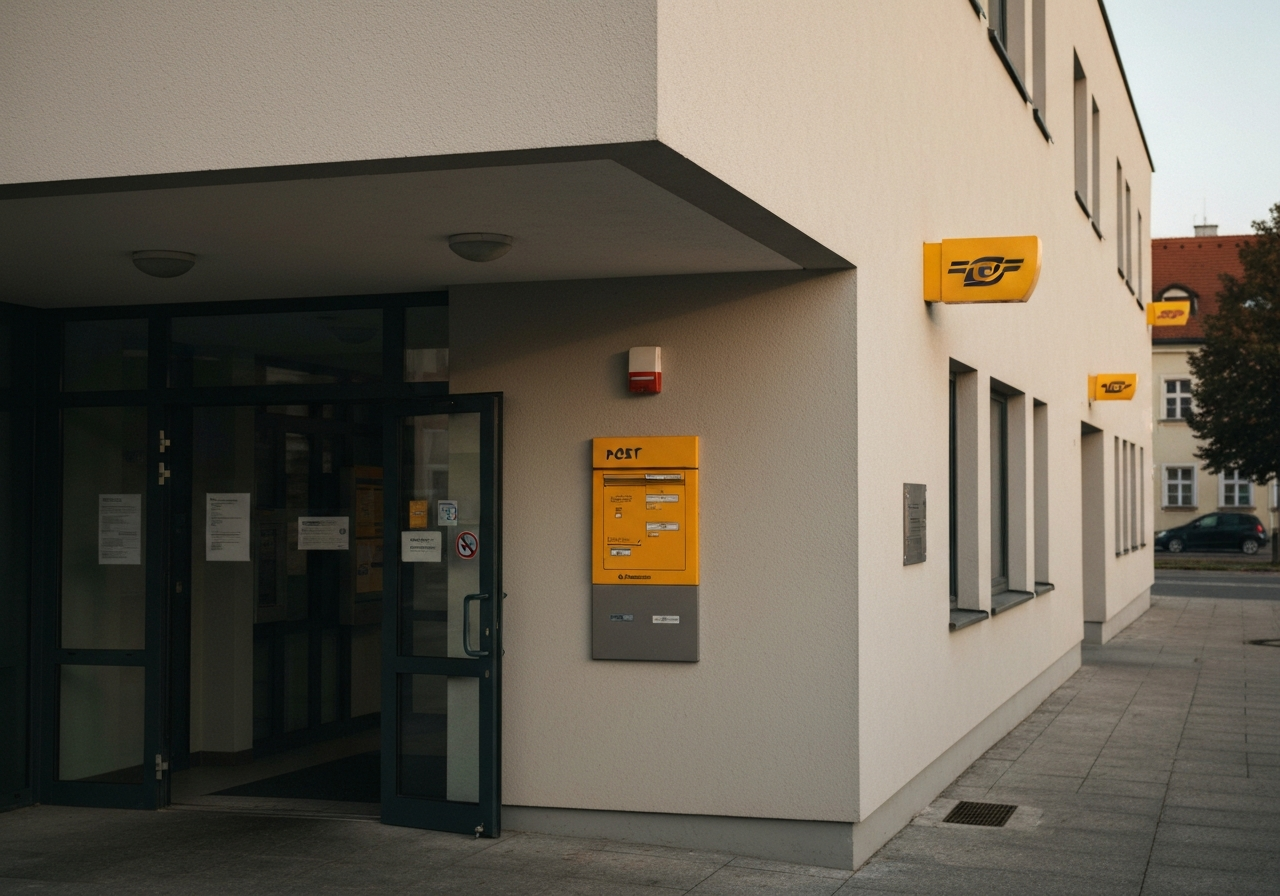 A professional, minimalist view of a modern post office entrance in a Czech town, architectural focus, clean lines, soft natural daylight, cinematic depth of field, 85mm lens, no text, no words, no letters.