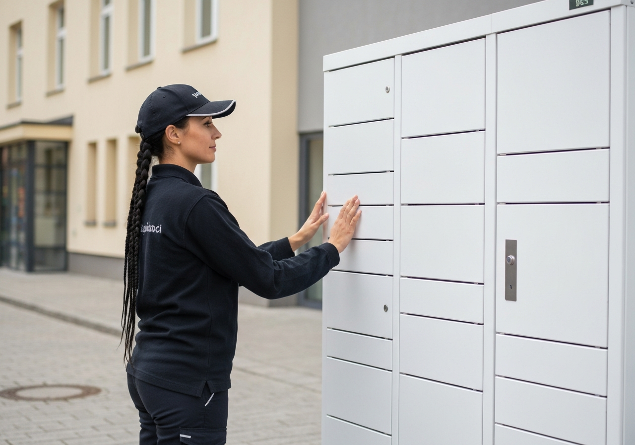 A professional logistics delivery driver standing next to a modern smart locker unit in the center of Velké Meziříčí, clean urban environment, soft natural daylight, professional editorial photography, 85mm lens, high detail, no text, no words, no letters.