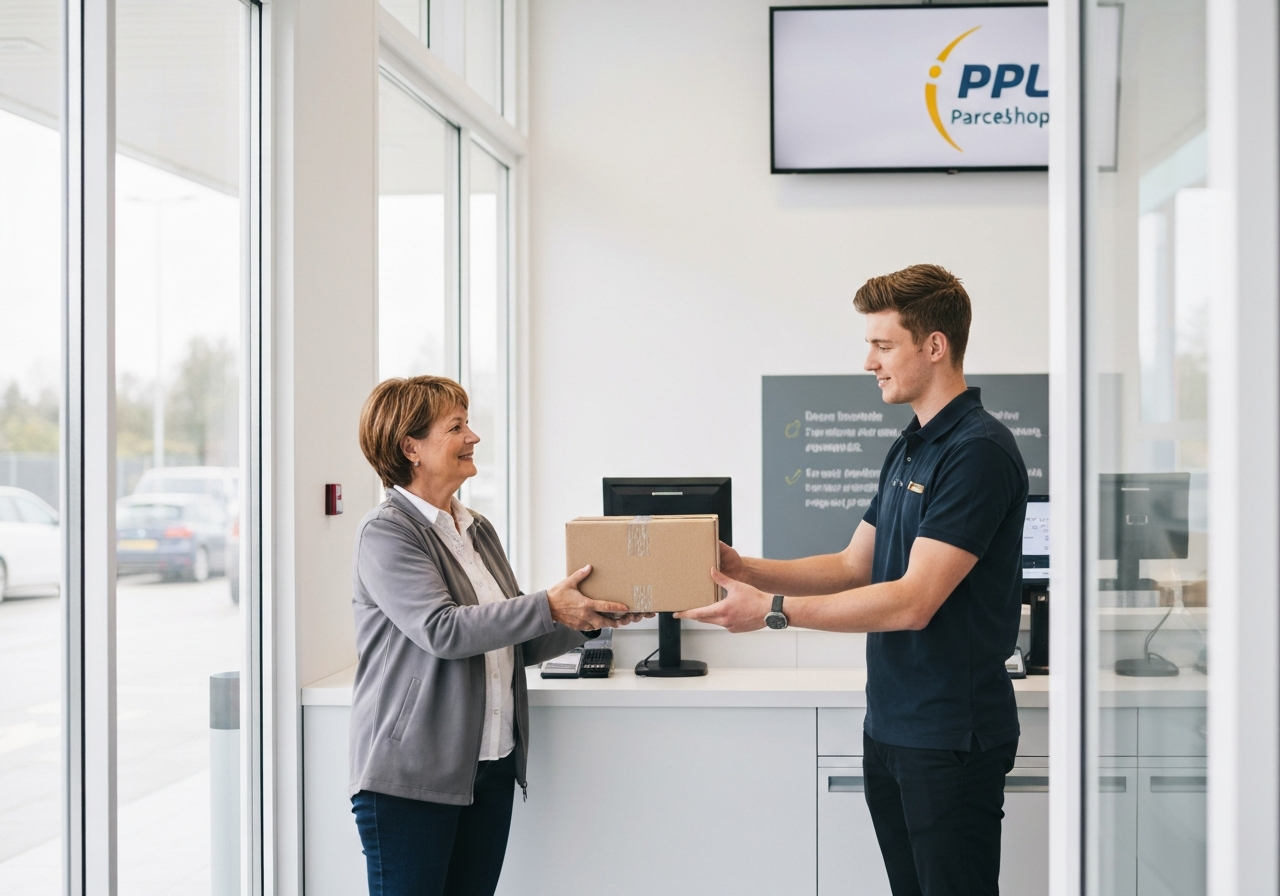 A clean, modern PPL Parcelshop located inside a professional petrol station, a customer handing a package to a staff member, bright interior, editorial photography, 85mm lens, soft natural lighting, professional and minimalist aesthetic, no text, no words, no letters.