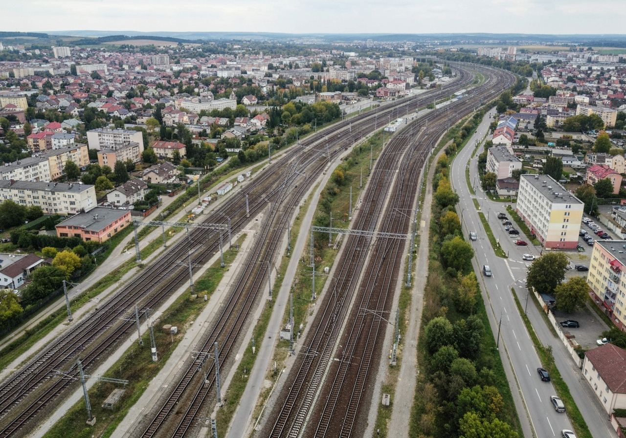 Aerial view of the Vrutky railway junction and urban landscape in the Turiec valley, soft natural light, editorial photography style, 85mm lens, high resolution, no text, no letters
