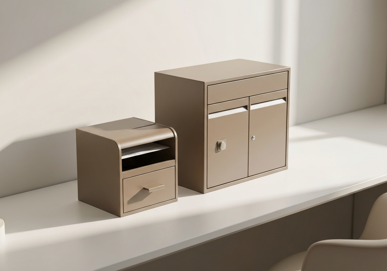 A high-quality editorial shot of a modern mailbox and postal sorting station, clean minimalist desk, warm soft natural lighting, 85mm lens, depth of field, premium aesthetic, no text, no letters