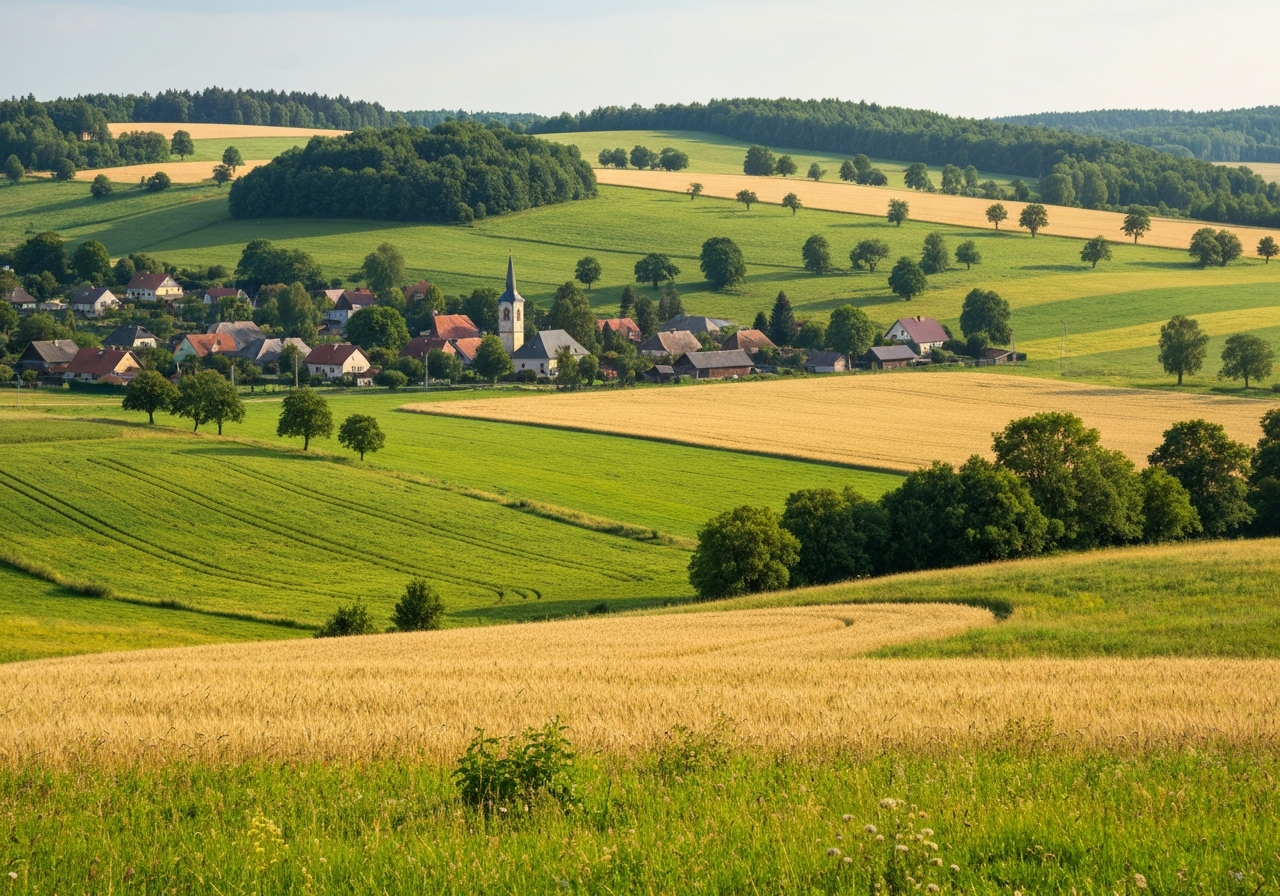 A picturesque rural landscape of the Vysočina region showing a small, peaceful village nestled among green hills, soft natural light, editorial photography style, 85mm lens, high resolution, no text, no letters