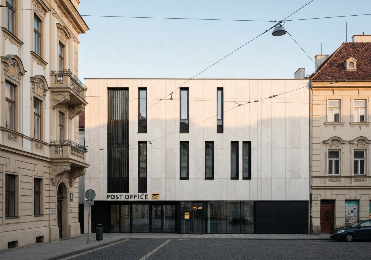 A high-quality editorial shot of a modern Czech post office facade in a historical urban setting, soft morning light, 85mm lens, professional architectural photography, no text, no words, no letters.