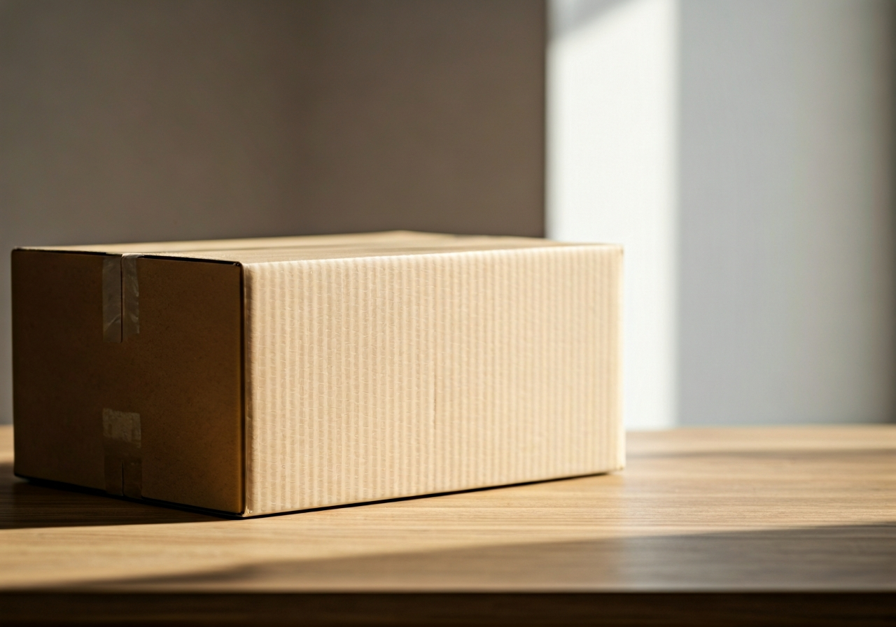 A suspicious brown cardboard parcel sitting on a modern wooden entryway table, soft natural light from a window, shallow depth of field, premium editorial aesthetic, no text, no letters.