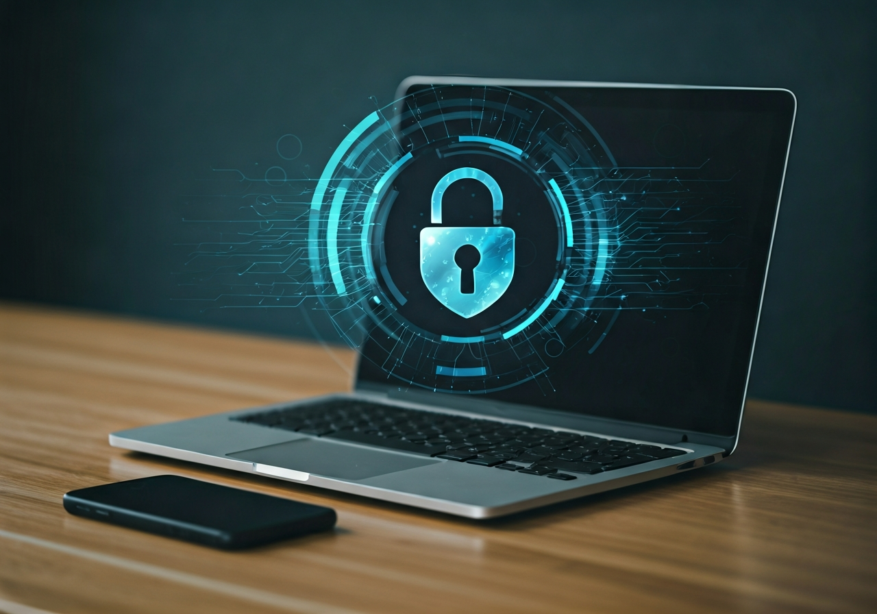 A professional, minimalist desk workspace featuring a smartphone, a secure laptop with a digital padlock icon screen, and an abstract digital shield overlay, editorial photography, soft natural light, clean aesthetic, 85mm lens, high resolution, no text, no letters