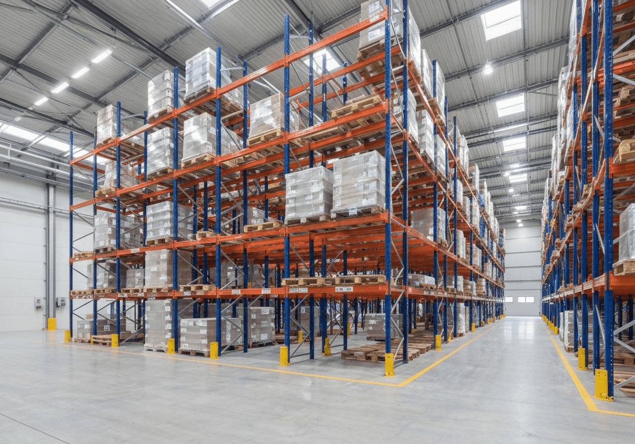 A professional logistics warehouse interior in Liberec-Rochlice, modern industrial facility with organized pallet racks, clean and bright environment, editorial photography, soft natural light, 85mm lens, highly detailed, no text, no letters