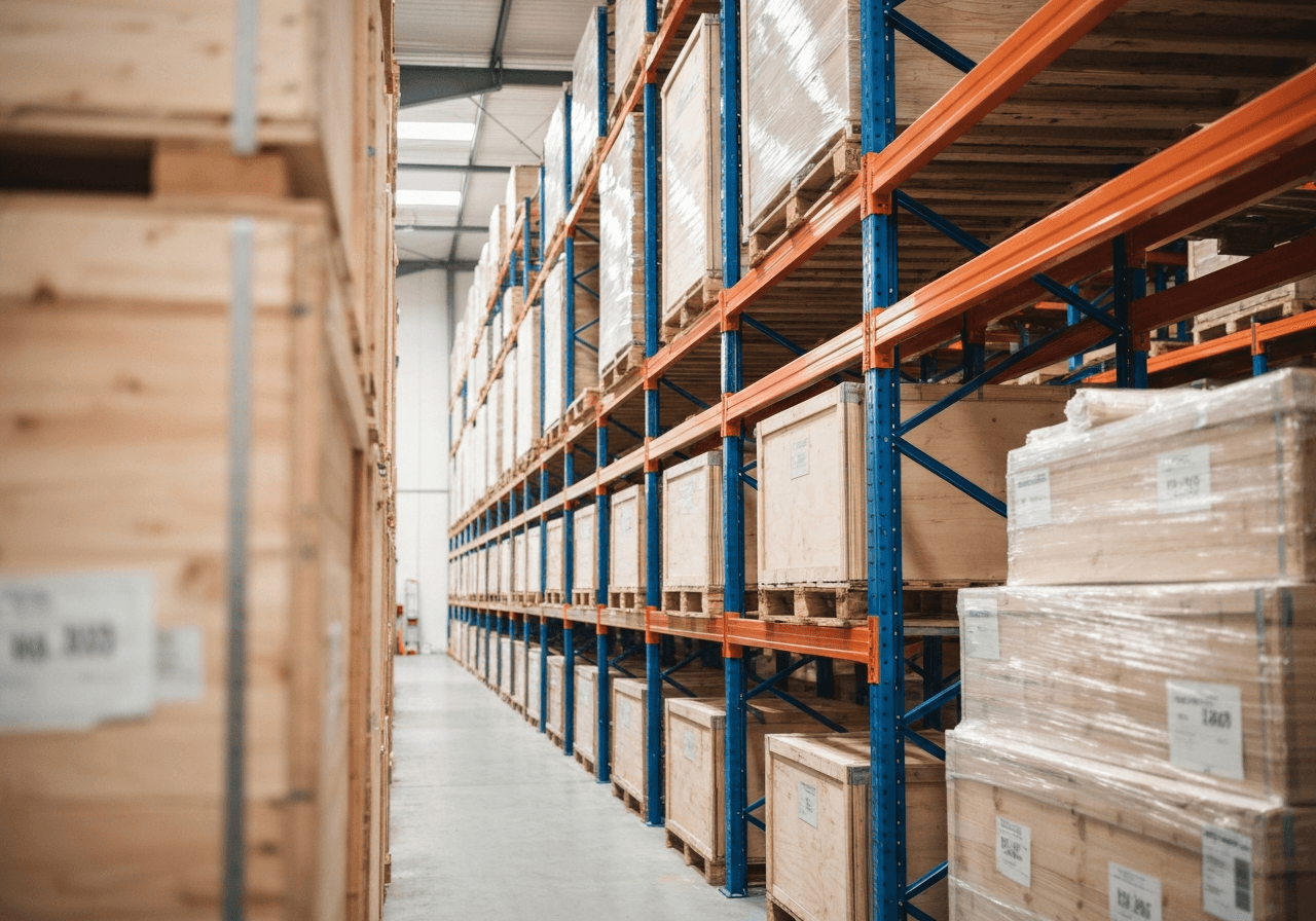 A professional logistics warehouse interior featuring organized rows of industrial shelving, high-quality wooden crates and secure export packaging, modern clean aesthetic, editorial photography style, soft natural light, shallow depth of field, 85mm lens, no text, no words, no letters.