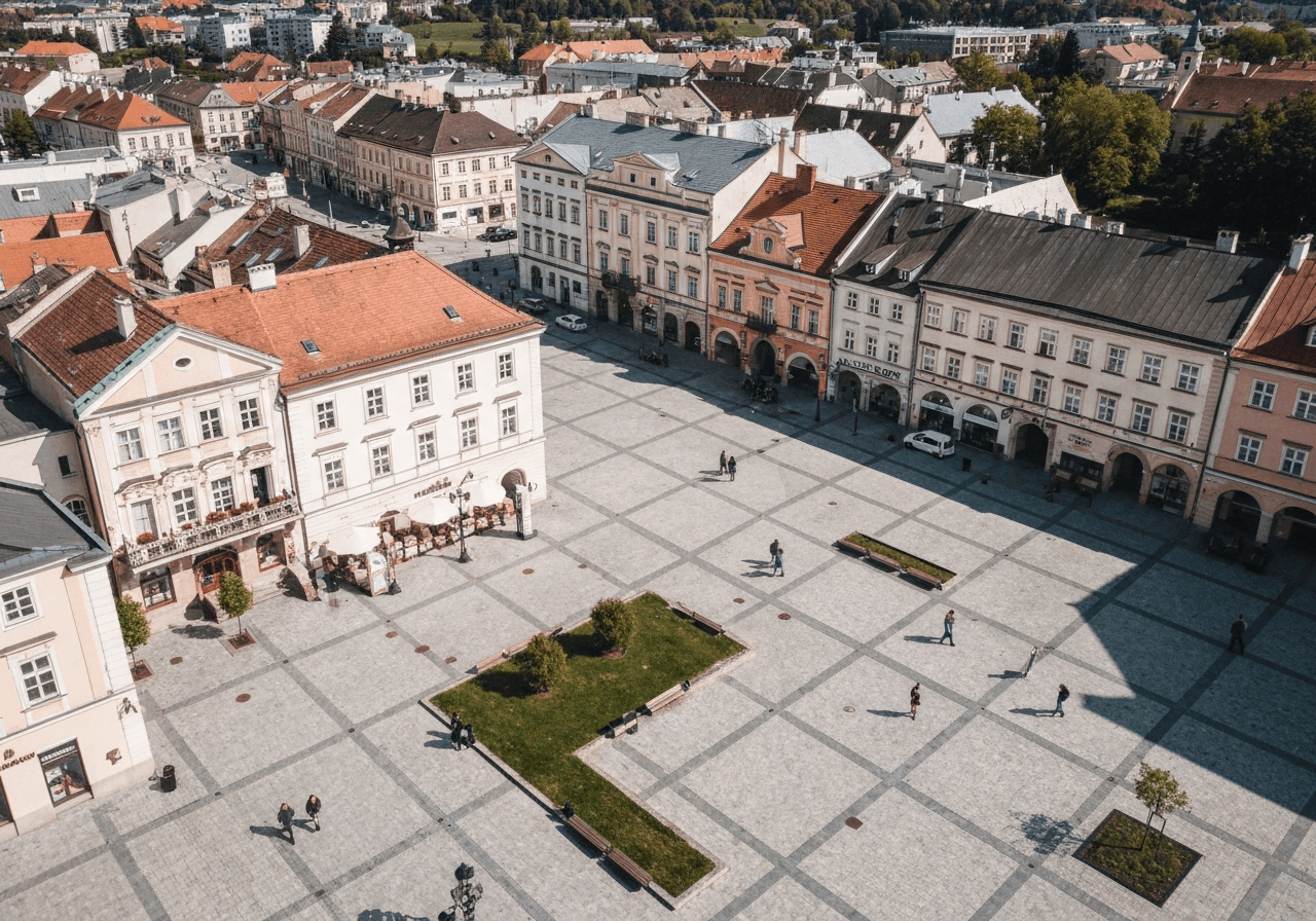 Aerial photography of the historic town square of Moravská Třebová, modern, clean, editorial aesthetic, soft natural daylight, 85mm lens, high detail, no text, no letters