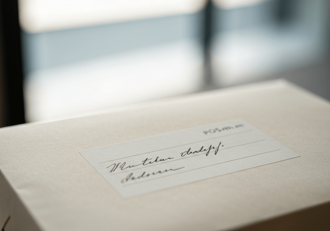A close-up, high-quality editorial shot of a neatly handwritten address label on a premium paper parcel, blurred modern post office background, soft natural morning light, 85mm lens, minimalist aesthetic, no text, no letters, no labels