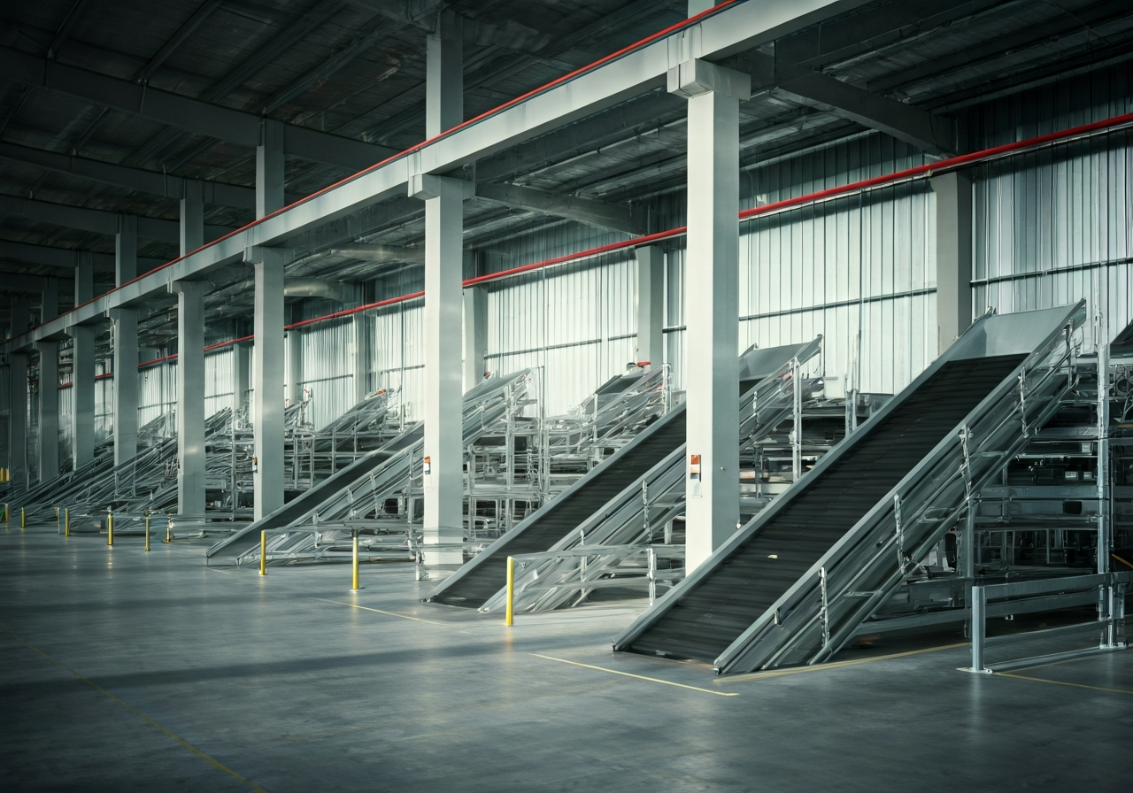 A modern, minimalist distribution hub in a sunlit industrial space, clean lines, automated sorting systems, editorial photography, soft natural light, 85mm lens, high resolution, no text, no letters
