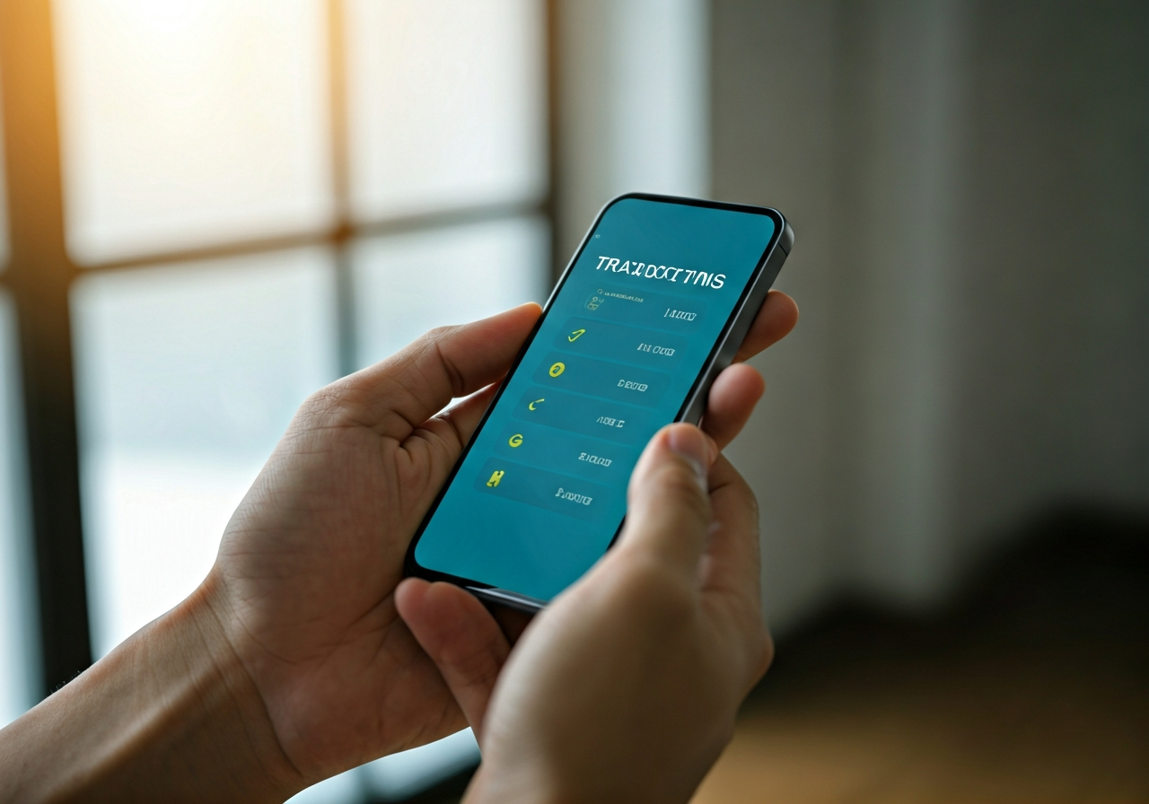 A close-up of a person holding a modern smartphone showing a logistics tracking interface, bright and clean office background, editorial photography, soft natural light, 85mm lens, highly detailed, no text, no words, no letters.