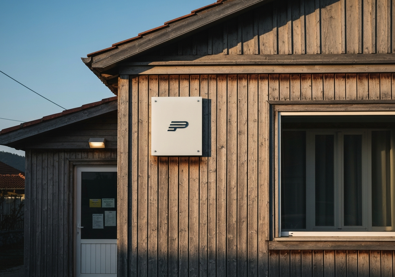 Editorial photography, the exterior of a charming rural post office building in Protivanov with clean signage, soft natural morning light, 85mm lens, high resolution, professional architectural capture, no text, no words, no letters