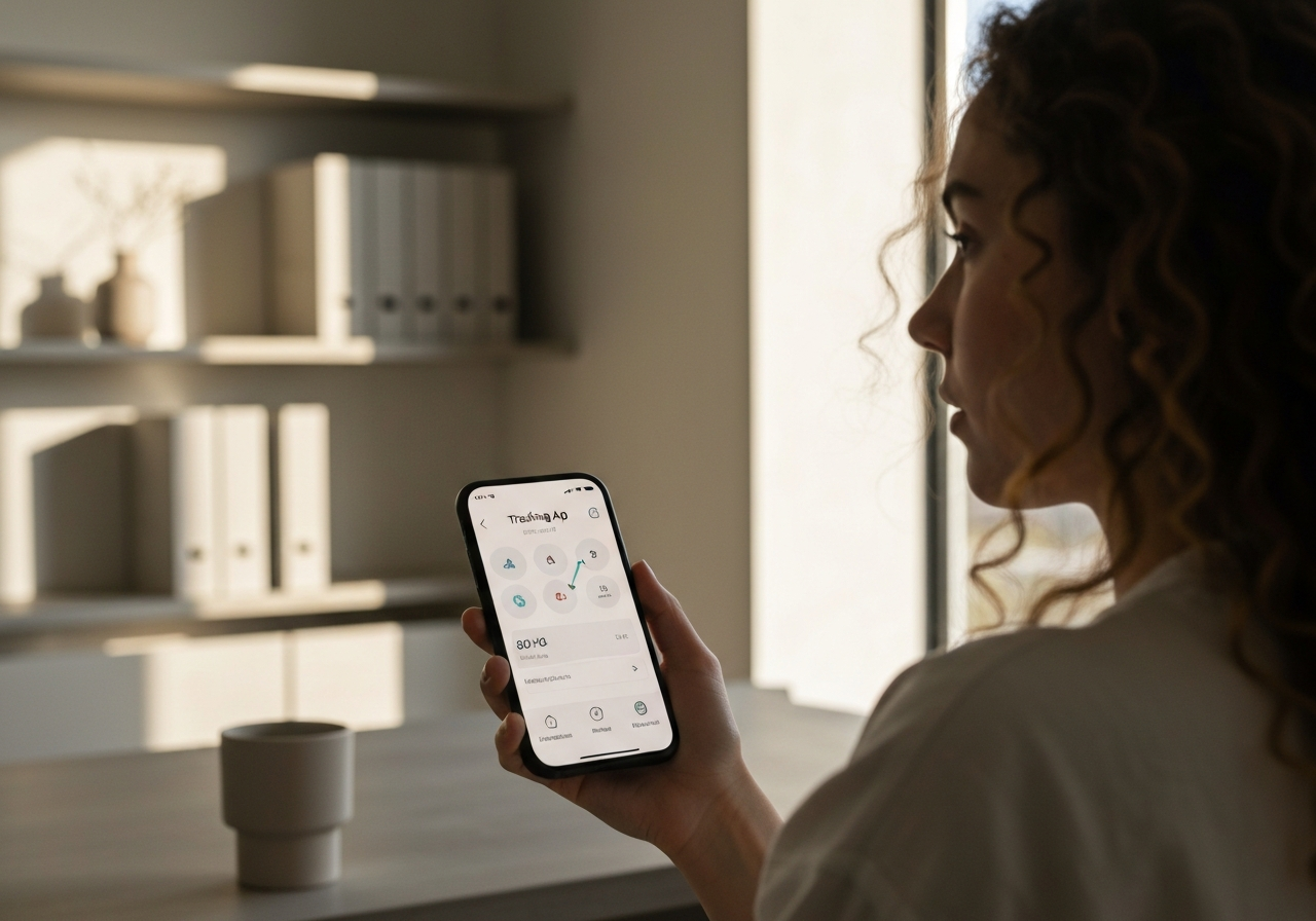 A close-up shot of a smartphone screen displaying a tracking app interface, held by a person in a modern minimalist home office, soft natural light, shallow depth of field, premium editorial style, 85mm lens, no text, no words, no letters.