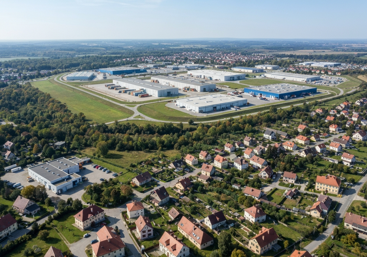 Aerial view of Rudná u Prahy landscape, a blend of modern industrial logistics centers and historic village architecture, Středočeský kraj region, clear sky, editorial photography, wide angle, soft natural light, highly detailed, no text, no letters
