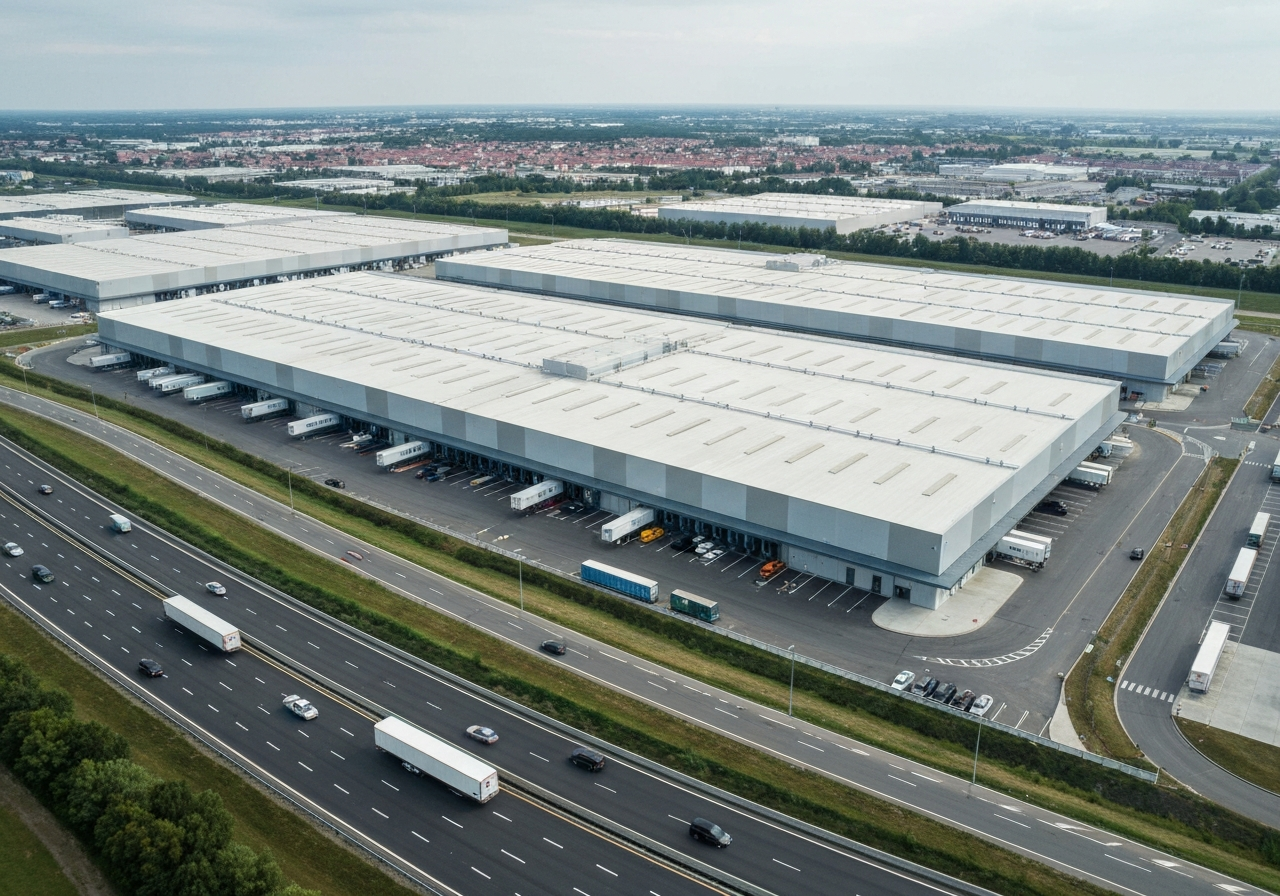 Aerial view of a modern logistics park adjacent to a major highway, industrial architecture with clean lines, soft natural daylight, cinematic editorial photography, 85mm lens, highly detailed, no text, no letters