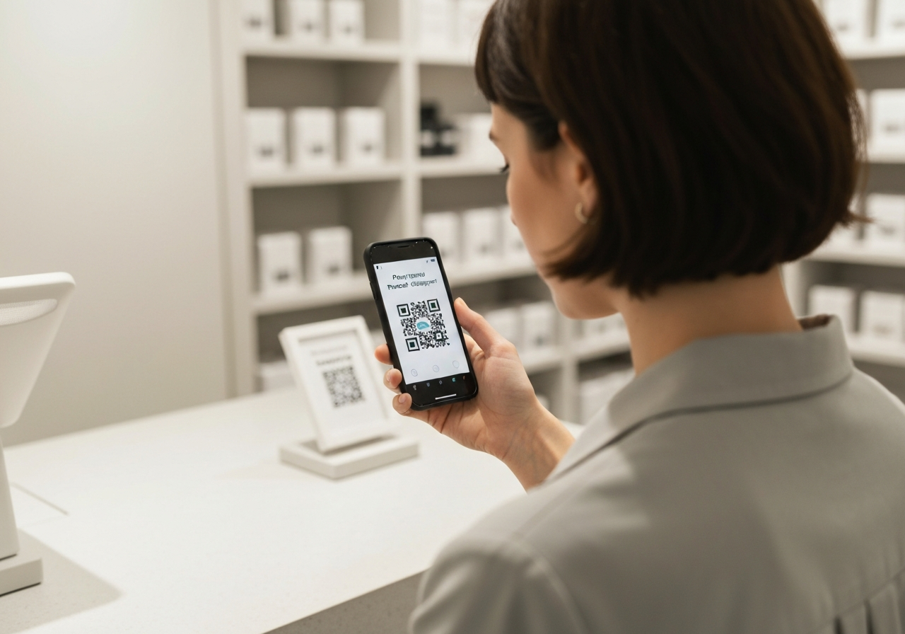 A professional close-up of a person using a smartphone to scan a QR code for parcel shipment in a clean, minimalist retail store environment, soft natural light, 85mm lens, depth of field, premium editorial style, no text, no words, no letters.