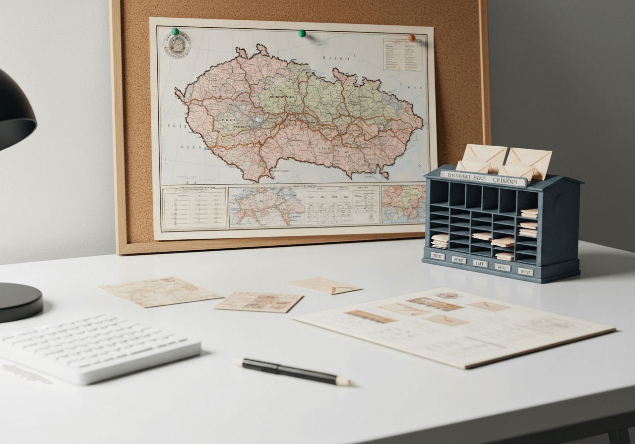 A high-angle close-up shot of a modern, clean desk with a vintage map of the Czech Republic and a stylized postal sorting station, professional and editorial aesthetic, soft natural light, 85mm lens, highly detailed, no text, no words, no letters