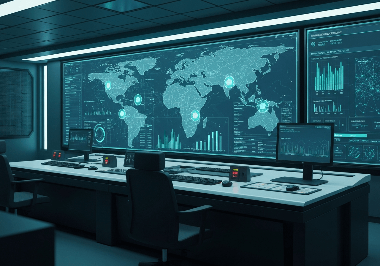 A futuristic automated logistics control center with glowing data nodes and a clean, high-tech interface displaying real-time geographic mapping, editorial photography, cinematic lighting, 85mm lens, highly detailed, no text, no letters