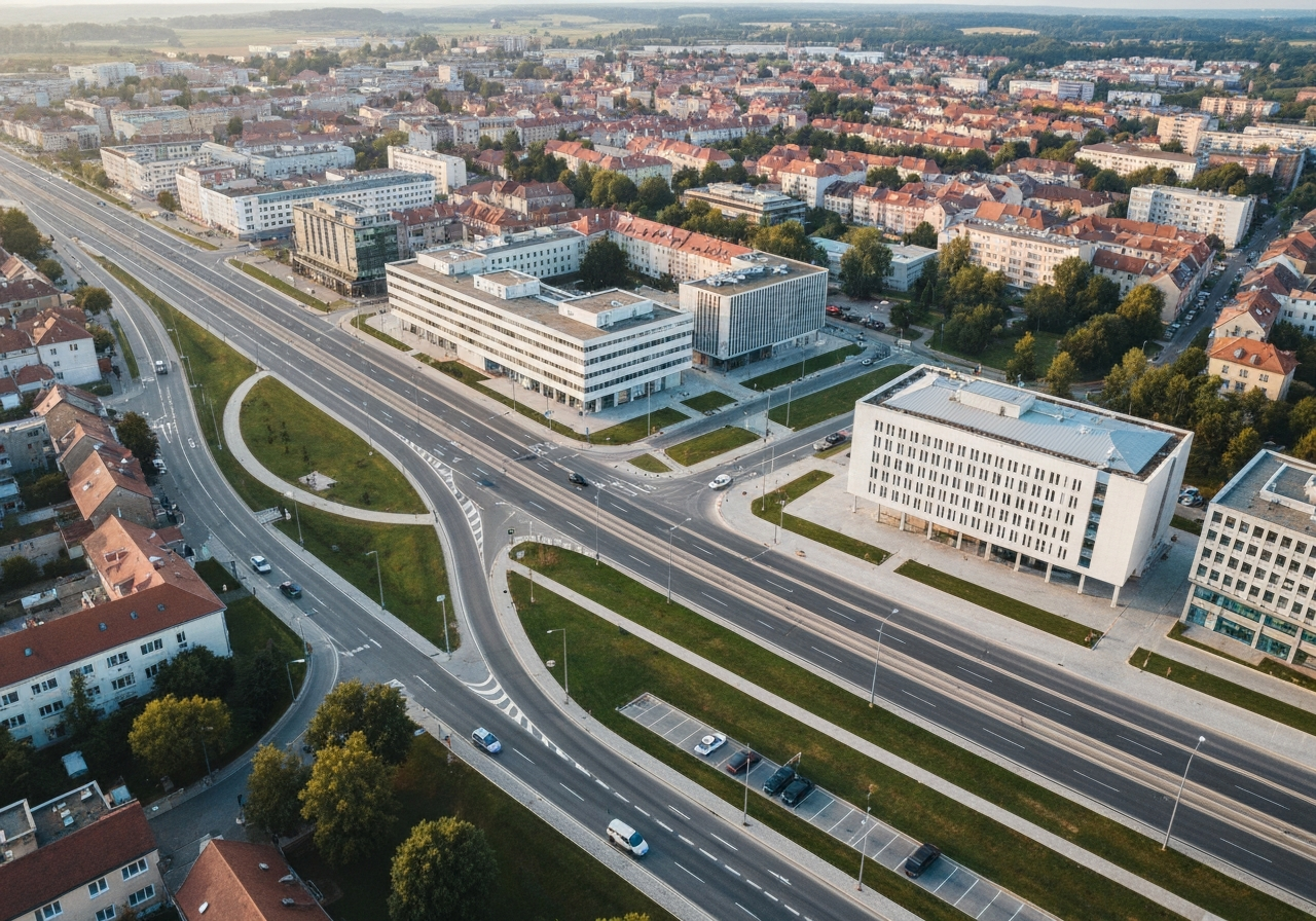 Aerial view of Senica city center, modern infrastructure and road network, clean urban environment, soft natural morning light, cinematic editorial style, 85mm lens, high resolution, no text, no letters