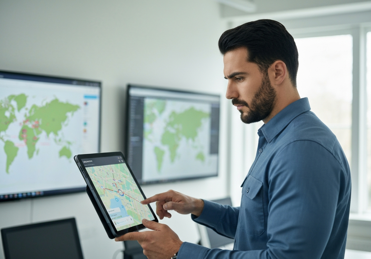 A professional logistics officer using a digital map interface on a tablet, modern clean office environment with maps in the background, professional editorial photography, soft natural lighting, 85mm lens, high detail, no text, no words, no letters.
