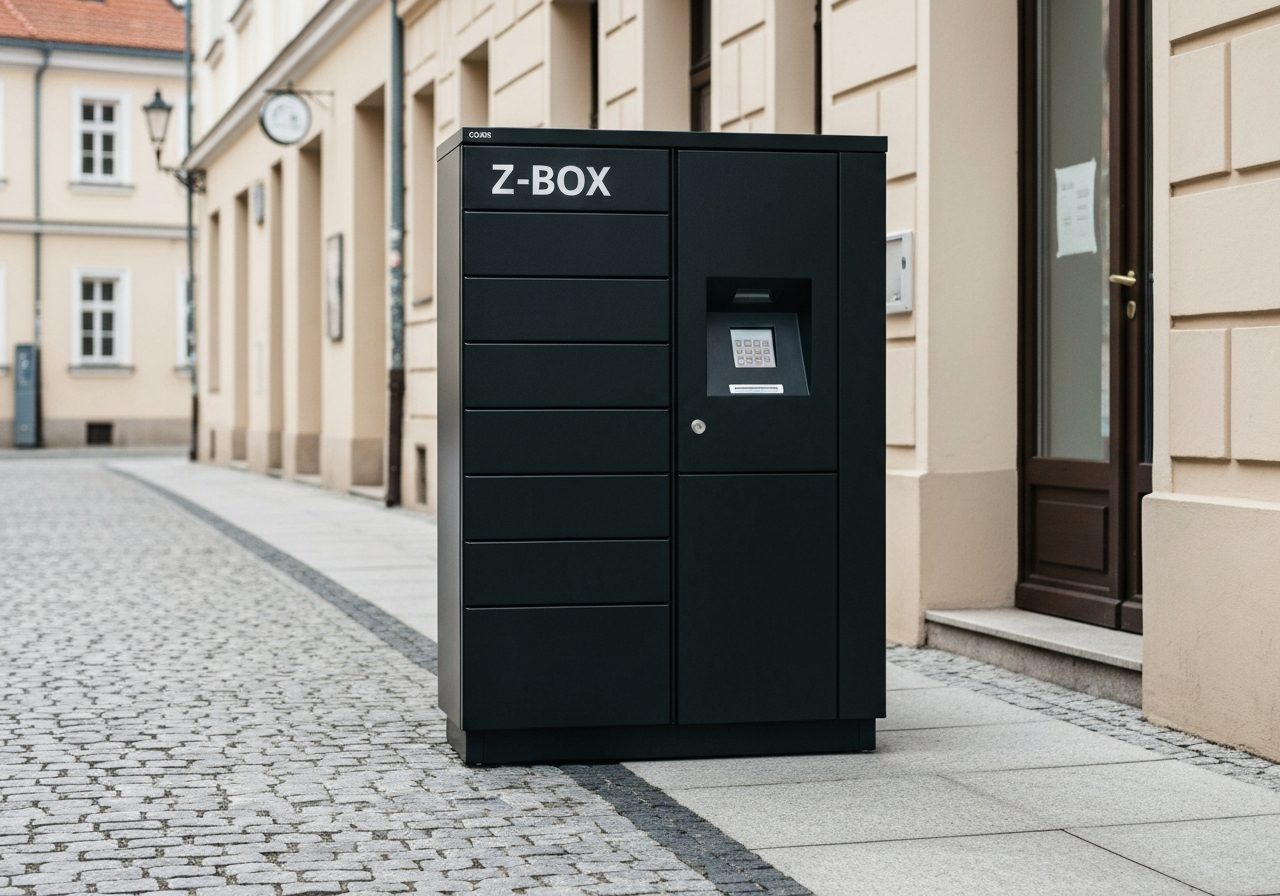 A modern, sleek Z-BOX parcel locker standing on a clean city street in Sternberk, soft natural light, editorial photography, 85mm lens, high quality, no text, no words, no letters.