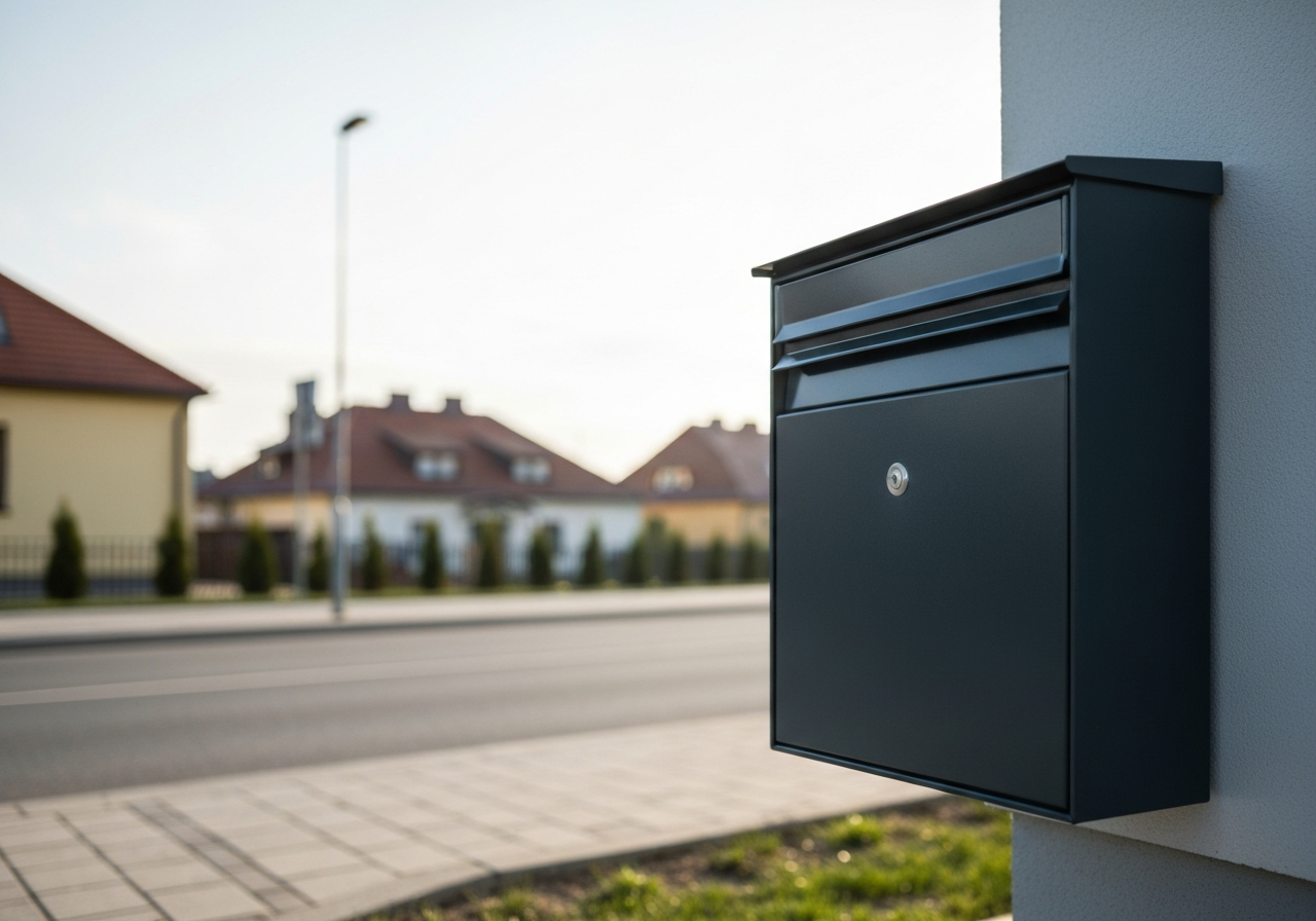 A professional, minimalist aesthetic shot of a modern mailbox in a bright, clean residential area of Plzeň, soft natural morning light, depth of field, high-end editorial photography style, 85mm lens, no text, no words
