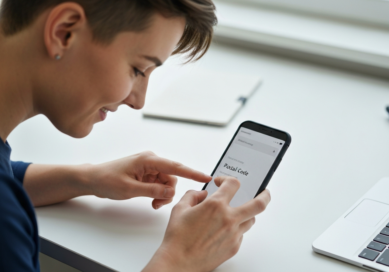 Close-up of a person searching for postal code on a modern smartphone, clean desk environment, editorial photography, soft natural light, 85mm lens, highly detailed, no text, no words, no letters