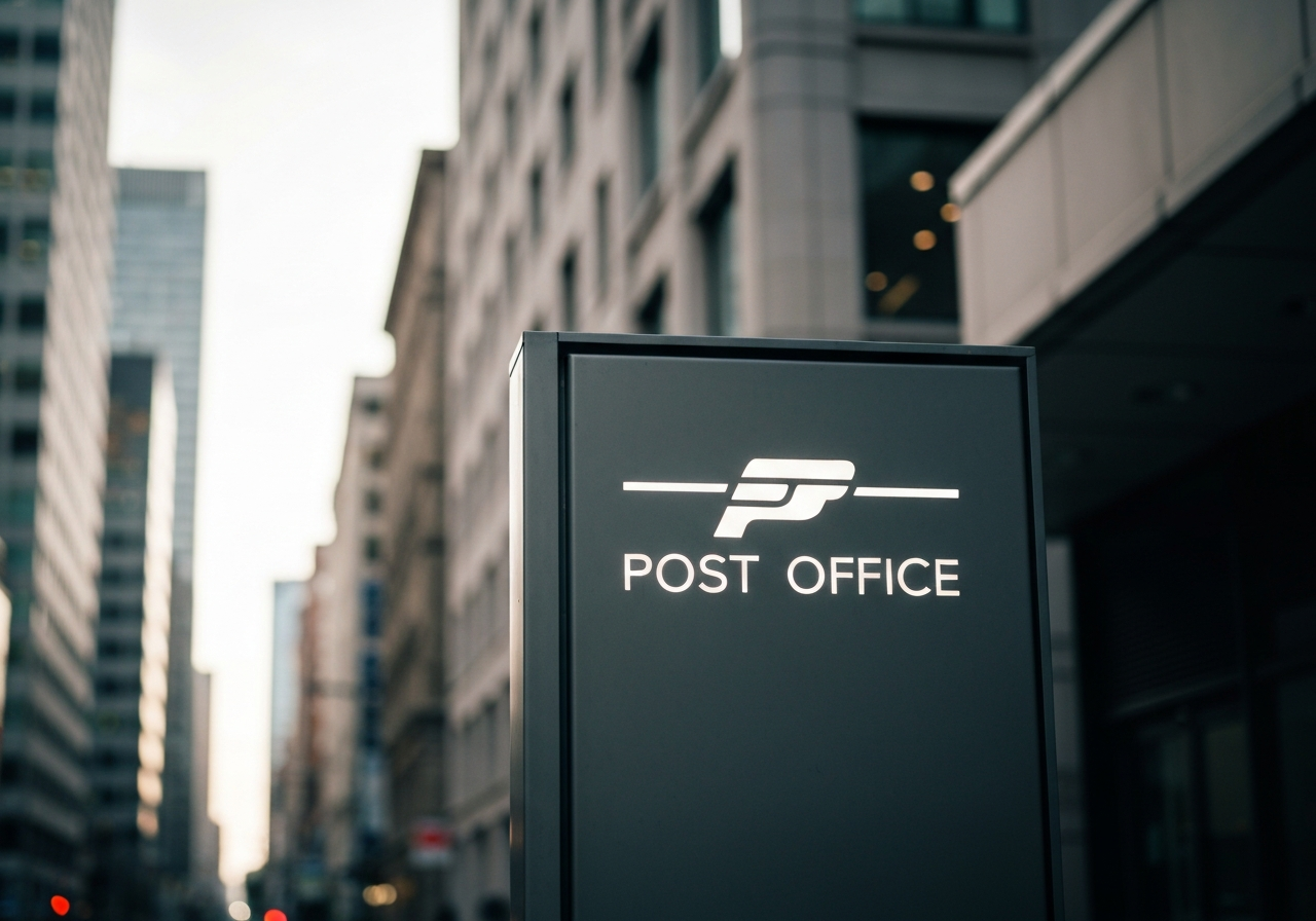 A modern, minimalist signage of a closed post office in an urban environment, soft natural morning light, depth of field, professional editorial style, 85mm lens, high resolution, no text, no words, no letters.