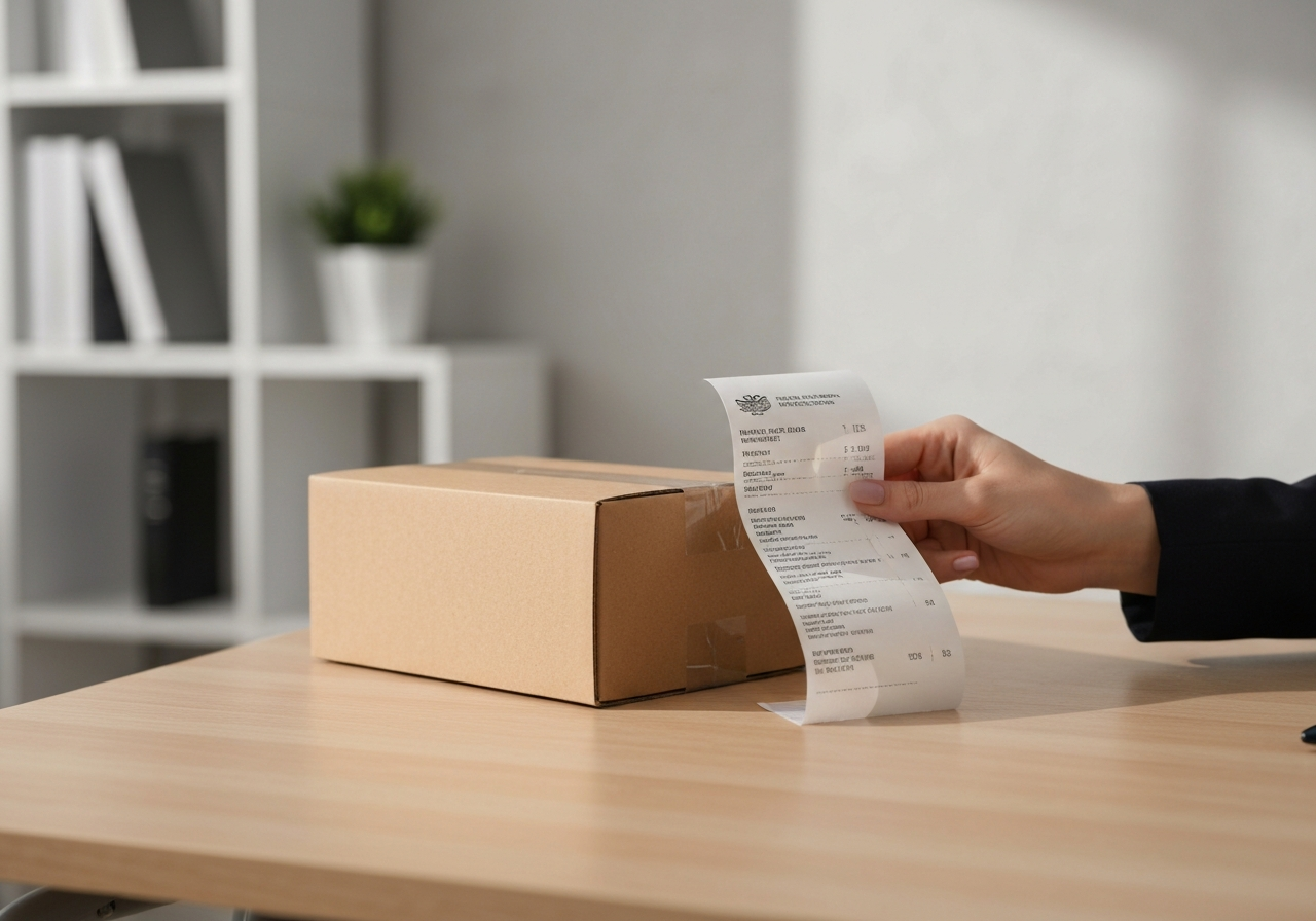 A close-up of a hand holding a formal postal receipt next to a modern cardboard shipping box on a clean wooden desk, minimalist office background, editorial photography, soft natural light, 85mm lens, highly detailed, no text, no letters