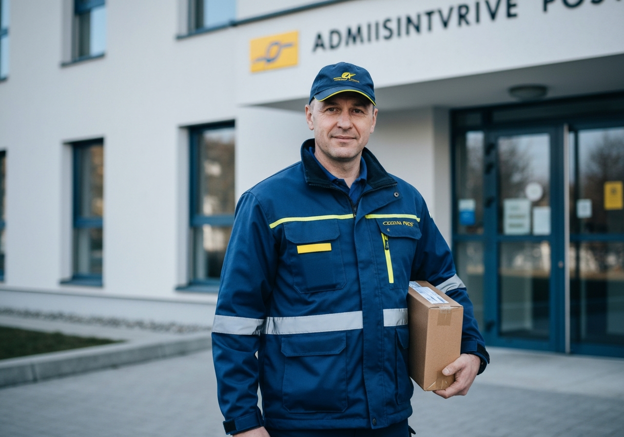 A professional postal worker in a modern Czech Post uniform holding a package in front of a clean, minimalist administrative building, soft natural light, editorial photography style, 85mm lens, high resolution, no text, no letters.